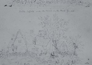 Hytte på Holton med kirken i bakgrunnen (penn og blekk på papir) av John Constable