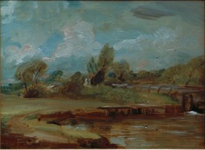 Flatford Lock fra en sti ved elven av John Constable