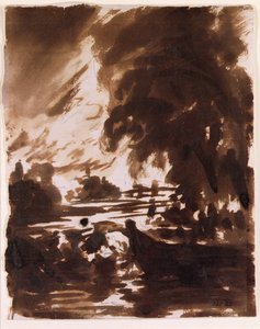 Trær og vannstrekning på Stour (brun vask) av John Constable