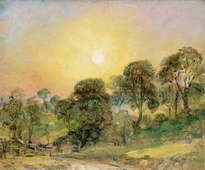 Trær på Hampstead Heath ved solnedgang (olje på papir)