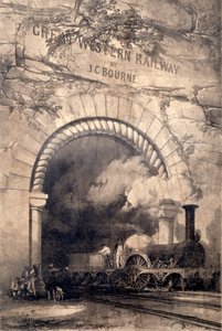 Acheron 2-2-2 lokomotiv som dukker opp fra en tunnel nær Bristol, frontispice til The History and Description of the Great Western Railway, 1846 av John Cooke Bourne
