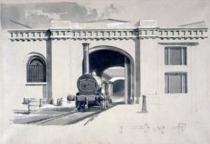 Locomotive Engine House, Camden Town, 1839 (penn og blekk og vask på papir) av John Cooke Bourne