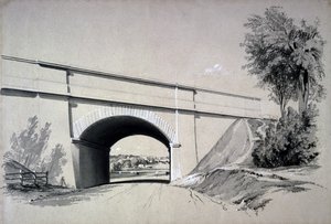 Oblique Bridge, Boxmoor, Hertfordshire, 12. juni 1837 (penn og blekk og vask på papir) av John Cooke Bourne