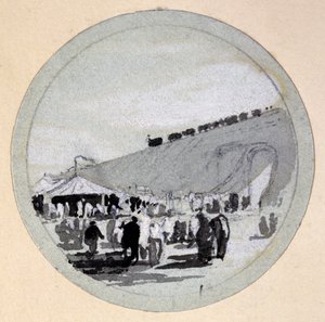 Opening, London & Birmingham Railway, ca. 1838 (penn og blekk og vask på papir) av John Cooke Bourne