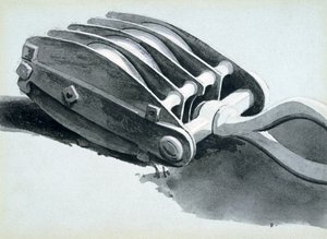 Remskive brukt i jernbanekonstruksjon, 1833-38 (penn og blekk og vask på papir) av John Cooke Bourne