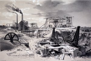 Pumper, ventilasjonssjakt, Kilsby Tunnel, Northamptonshire, 15. juli 1837 (penn og blekk og vask på papir) av John Cooke Bourne