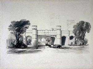 Rugbyjernbanebroer sett fra veien, Warwickshire, april 1839 (penn og blekk og vask på papir) av John Cooke Bourne
