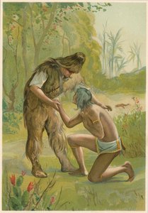 Scene fra Robinson Crusoe av Daniel Defoe, 1892