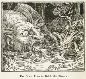 The Giant Trys to Drink the Stream, fra Europas Fairy Book, pub. 1916 (gravering)