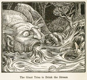 The Giant Trys to Drink the Stream, fra Europas Fairy Book, pub. 1916.