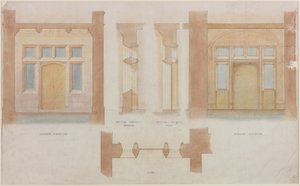 Oppriss, snitt og plan av hovedinngangen til Holme Eden (blekk og akvarell på papir (på papir)) av John Dobson