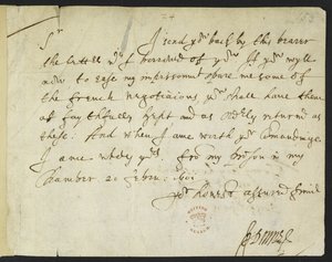 Cotton Julius C. III, f.153 Autografbrev fra John Donne til Sir Robert Cotton, skrevet fra fengselet, 20. februar 1601 (blekk på papir) av John Donne