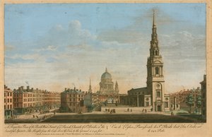 En perspektivvisning av den nordvestlige fronten av sognekirken St Brides med det vakre spiret