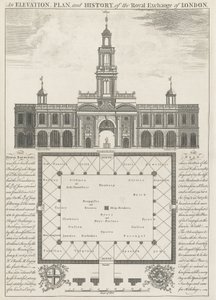En høyde, plan og historie til Royal Exchange of London