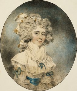 Portrett av Mrs. Fisher, halv lengde, i en hvit kjole prydet med blå bånd, 1788