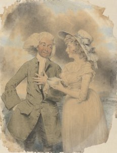 John Edwin og Mrs. Wells som Lingo og Cowslip i Agreeable Surprise, 1787 (wc og kroppsfarge og svart kritt på lagt papir) av John Downman