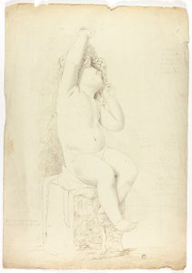 Gammel statue av sittende Putto som leker med maske