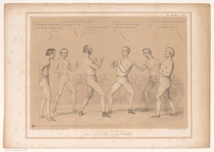 Spotprent møtte Lord Bentinck og Lord Lyndhurst i en bokswedstrijd Sparring. Et sett til, uten hanskene, forresten Wind-up! (tittel på objekt) HB Sketches (serietittel på objekt) av John Doyle