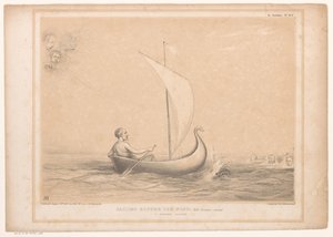 Spotprent møtte Lord Russell i en zeilboot Seiler for vinden, med Breakers foran. En smal flukt (tittel på objekt) HB Sketches (serietittel på objekt) av John Doyle
