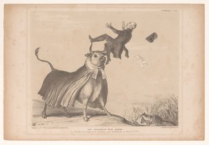 Tegneserie som viser biskopen av Exeter som blir mobbet Trist hendelse nær Exeter. En biskop kastet av en okse, og bekymret av en martin! (tittel på objekt) HB Sketches (serietittel på objekt) av John Doyle