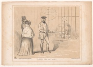 Tegneserie med dronning Victoria ved løveburet Stikke den gamle løven (tittel på objekt) HB Sketches (serietittel på objekt)