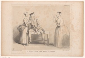 Spotprent met scène uit The Beggar's Opera Scene fra Tiggerens Opera (tittel på objekt) HB Sketches (serietittel på objekt) av John Doyle