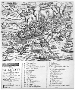 Faire City of Magdenburg, med festningsverkene og utbyggene. Og på hvilken måte ble det beleiret av John Tserclaes greve av Tilty, 1631 av John Droeshout