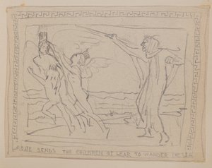 Aoife sender Lirs barn for å vandre i havet (blyant) av John Duncan