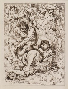 Liggende figur holder kors, djevelen sitter i nærheten omgitt av flytende figurer (etsing) av John Duncan