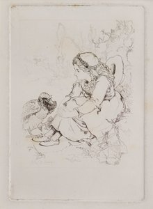 Sittende jente og stor fugl (etsing) av John Duncan