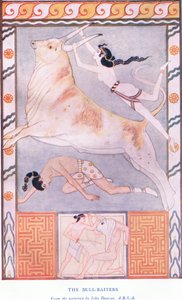 The Bull Baiters, illustrasjon fra Myths of Crete og Pre-Hellenic Europe pub. av Gresham Publishing Company Limited fra 1920-tallet av John Duncan
