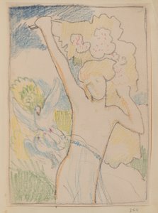Uten tittel [Kvinnelig figur og duer] (blyant) av John Duncan