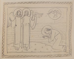 Uten tittel [Knelende figur og to engler] (blyant) av John Duncan