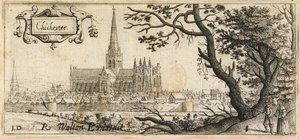To skikkelser som står ved et stort tre på høyre side i forgrunnen; byen Chichester i det fjerne; bymurene som går gjennom scenen; Chichester Cathedral i midten av bildet, ca. 1660 (radering) av John Dunstall