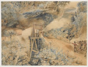 Det tredje vestindiske regimentet skyter mot franske tropper ved et brohode, på Ile de Cabret eller Terre d'en Haut, april 1809 (akvarell på papir)
