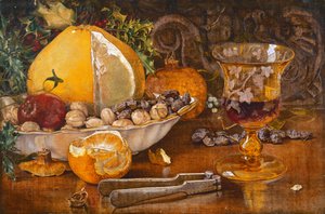Stilleben av frukt, nøtter og vinglass, 1864