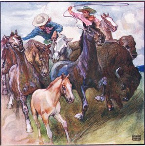 Borte ble han vill bøffel-vill hest og vill jeger (farge litho)