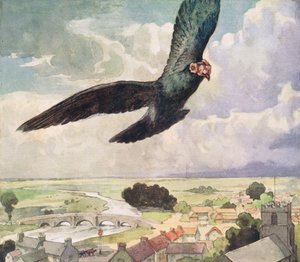 Fugl som flyr over en by, illustrasjon fra 'Helpers Without Hands' av Gladys Davidson, utgitt i 1919 (farge litho) av John Edwin Noble