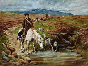 Hest og spaniel drikker fra en bekk av John Emms