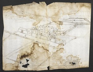 Legge til. 78610 (i) Prospekt av Wotton med hagen, grotten og omegn fra nordvest, ca. 1650 (penn og blekk på papir) av John Evelyn
