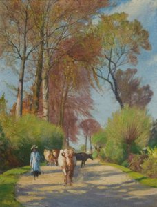 Country Lane med figur og ku (olje om bord)