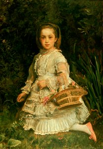 Portrett av Gracia, full lengde, iført en hvit kjole, plukket ville blomster av John Everett Millais