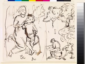 Studieark som karikerer den post-raphaeleske stilen, 1853 av John Everett Millais