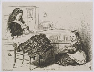 The Baby House, nummer 9 fra en serie etsninger for Art Union of London av Etching Club (etsing på India-prøvepapir lagt på vevd papir) av John Everett Millais