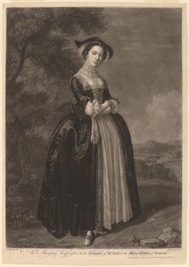 Mrs. Margaret Woffington i karakteren til Mrs. Ford i The Merry Wives of Windsor av John Faber II after Edward Haytley