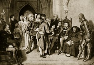 James IV i råd før slaget ved Flodden, 1513, illustrasjon fra 'Hutchinson's Story of the British Nation', ca. 1923