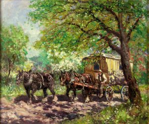 To hester og en campingvogn