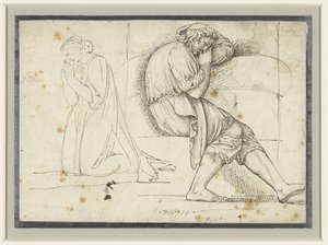 Studieark med en sovende ung mann og en knelende bedende kvinne av John Flaxman (II)
