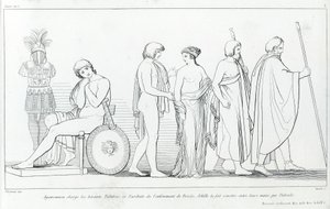 Agamemnon anklaget heralderne Taltibius og Euribat for bortføringen av Briseis; Achilles fikk den overlevert til deres hender av Patrocles. Tegning av John Flaxman (1755 - 1826). Homers Iliaden. Synger I