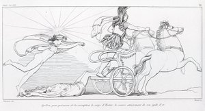 Apollo, solguden, for å bevare Hectors kropp dekker ham helt med hans gyldne aegis. Sang XXIV. Tegning av John Flaxman (1755 - 1826). Homers Iliaden. av John Flaxman